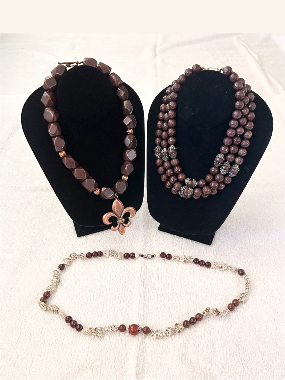 Lot of 3 Necklaces Fleur de Lis Pendant Chunky real stone multi strand brown